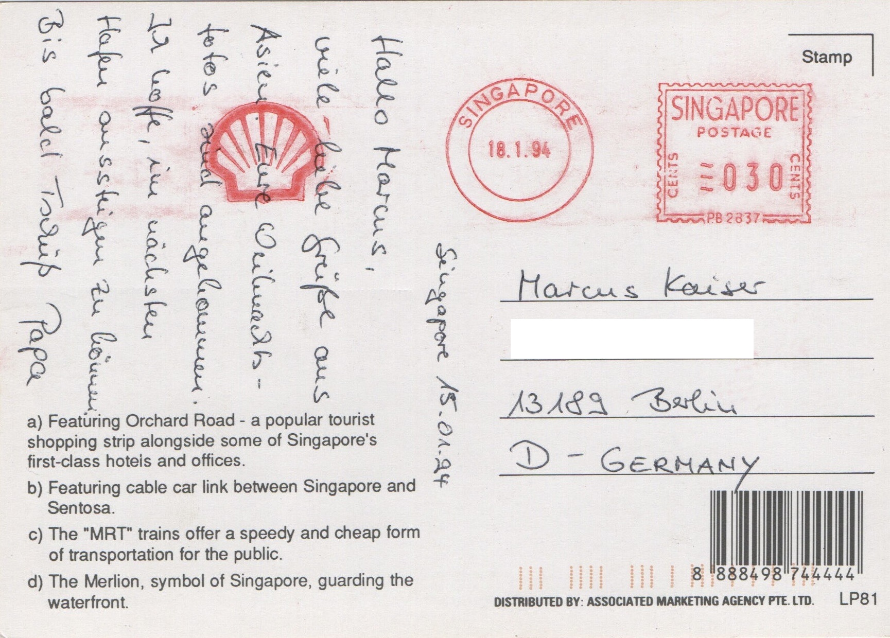 Rückseite einer Postkarte aus Singapur von 1994, private Adresse unkenntlich gemacht